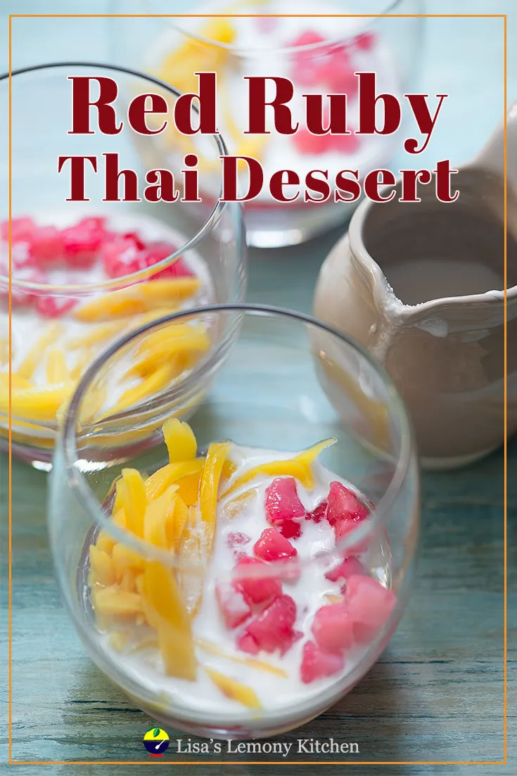 Red ruby Thai dessert is refreshing dessert, made with water chestnut, sliced jackfruit and serve with coconut milk. This is also known as Tub Tim Grob.