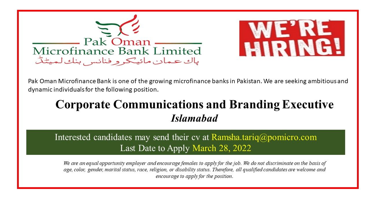 Pak Oman Microfinance Bank Jobs Corporate Communications and Branding Executive