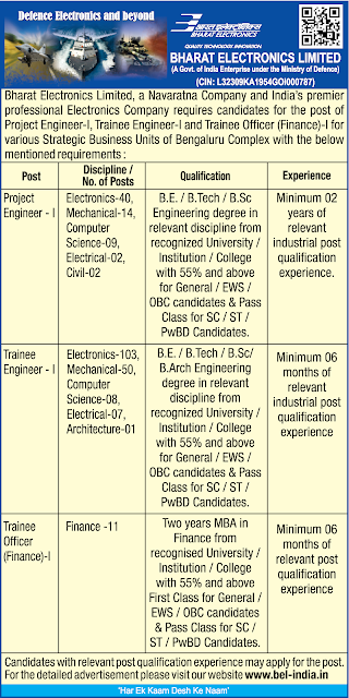 BEL recruitment 2022 for trainee engineers