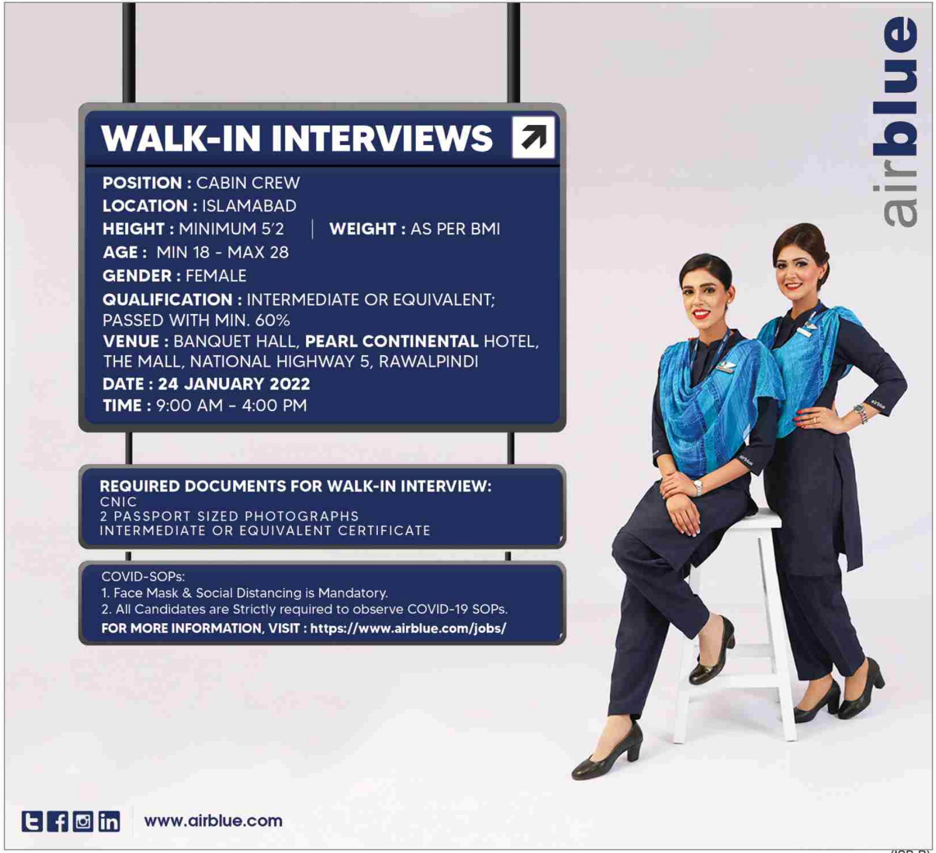 Walk In Interview Air Blue Pakistan 2022-Cabin Crew