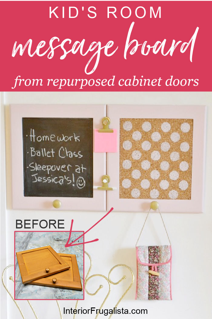 How to make a kid's room message board with repurposed cabinet doors with a handy chalkboard and corkboard. #diymessageboardideas #kidsroomideas #diychalkboard #diycorkboard #repurposedcabinetdoors