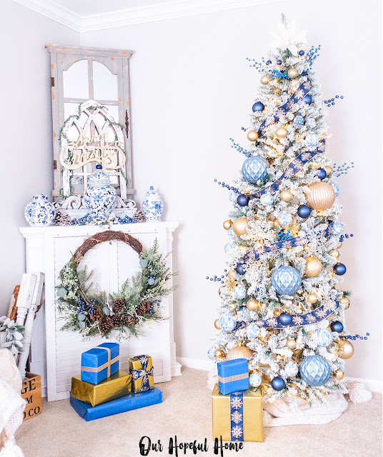 blue white gold Christmas tree fireplace wreath packages