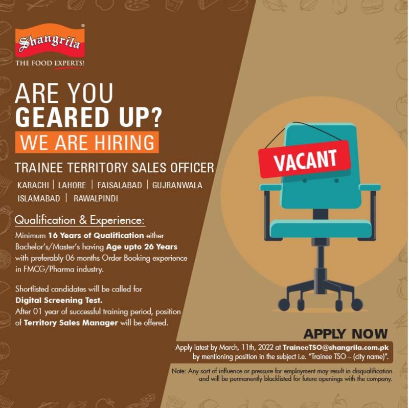Shangrila Foods (Private) Limited Jobs Trainee Territory Sales Officer