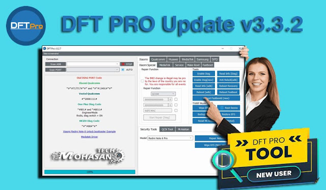 Explanation of the DFT PRO Update v3.3.2 tool, the best program to unlock all locked phones? DFT PRO  Professional Service Software for Mobile Phones Users are allowed to reset user locks, repair networks on both  Qualcomm, and  MediaTek, and reset  FRP Flash for smartphones. It is a paid tool that needs a valid login to open the tool. But you don't need any credit to use the tool.  New additions to DFT PRO Update v3.3.2 dft properties  v3.3.2 Update released OPPO & REALME Mediatek IMEI repair has been added for the following models   Oppo A11K (CPH 2071)   Oppo A16 (CPH2269) Realme C2 (RMX 1941)  Realme C2 (RMX 1942)  Realme C2 (RMX 1943)  Realme C2 (RMX 1945)  Realme C2 (RMX 1946)  Realme C3 (RMX2020)  Realme C3 (RMX2027)  Realme C3 / C3i (RMX2024)  Realme C15 (RMX2180)  Realme C21 (RMX3202)   Mediatek Added  MT6781 Unlock bootloader  , frp, flash, factory reset 🔸 New flash protocol added  Unisoc Tiger (SPRD) Added FRP   Reset  and Erase User Data for the following CPU SC7731C SC7731E SC9832E SC9863A UT610 (UMS512)  Download the latest update for DFT PRO tool for free File name: dft properties Type: exe Password: mohasanteck.com Download link from  here  or from  here