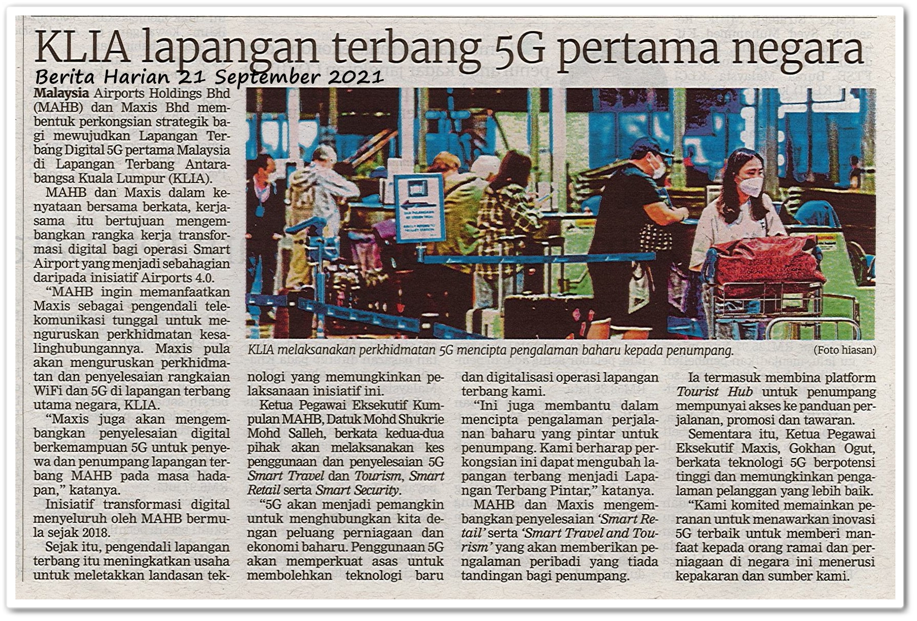 KLIA lapangan terbang 5G pertama negara - Keratan akhbar Berita Harian 21 September 2021