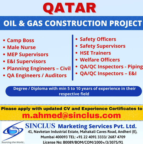 Qatar Jobs, Oil & Gas Jobs, Sinclus Jobs, Instrumentation Jobs, HSE Jobs, MEP Jobs, Piping QC Inspector