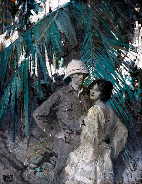 a Dean Cornwell illustration of an 1800s English couple in a romantic jungle