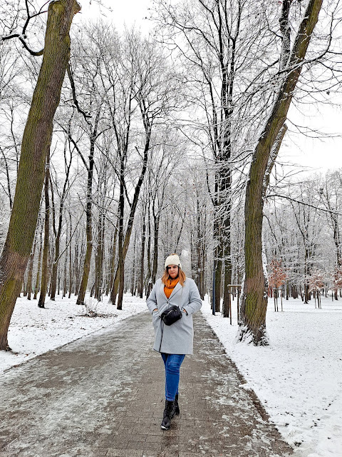 park, miasto, śnieg, zima, sesja zdjęciowa, autoportret