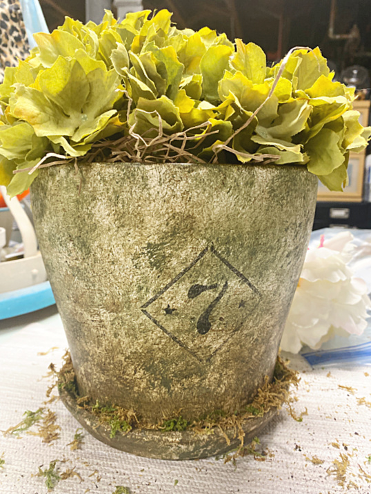mossy pot with hydrangeas