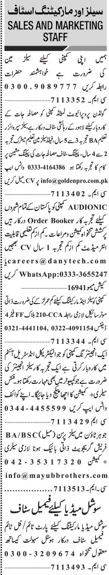 Sales and Marketing jobs in jang newspaper 