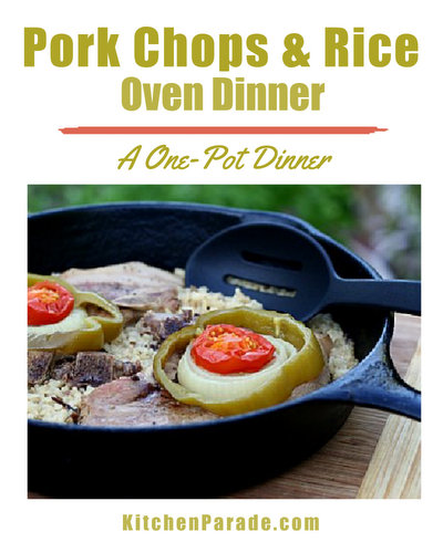 Pork Chops & Rice Oven Dinner, another One-Pot Dinner ♥ KitchenParade.com, a simple satisfying meal. Old-Fashioned Comfort Food. High Protein. Weight Watchers Friendly.