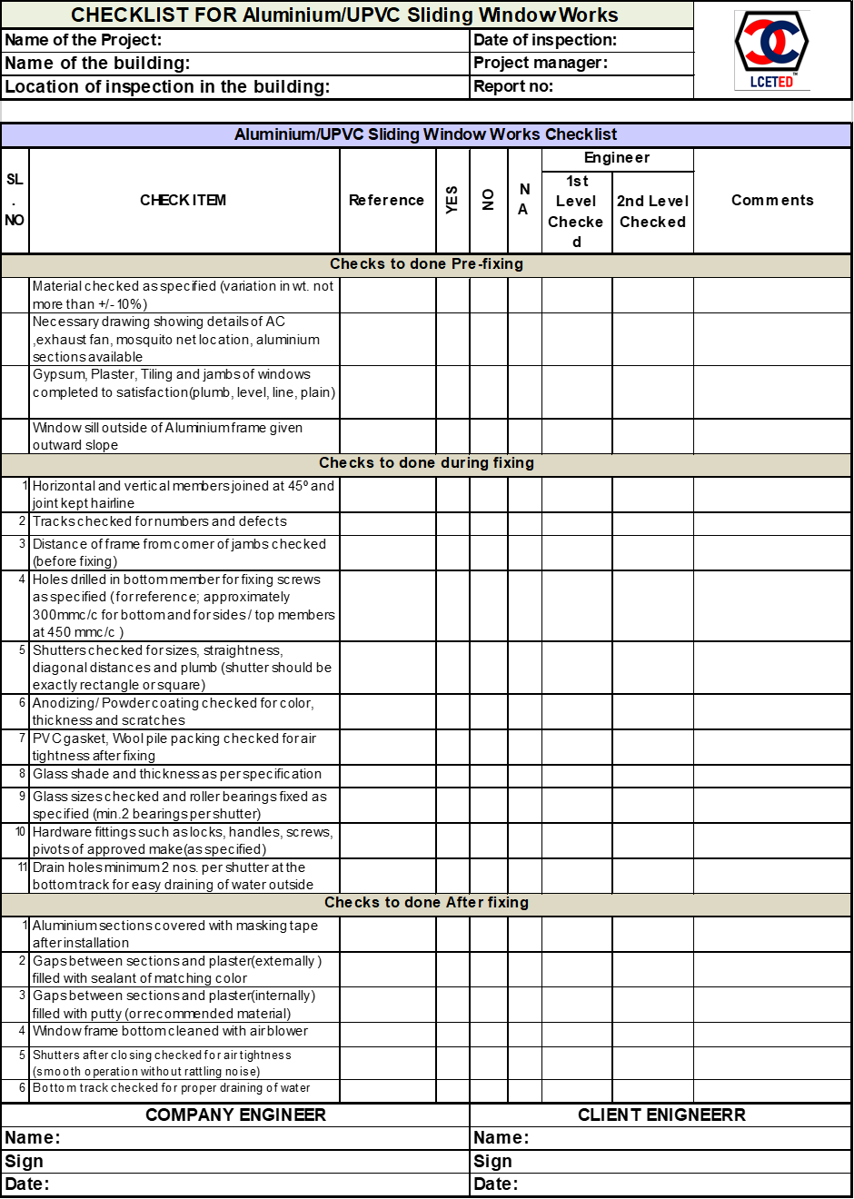 Aluminium Sliding Window Works Chesklist