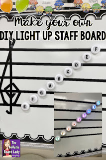 DIY Light Up Staff Board, treble clef display. Bright and fun way to learn treble clef lines and spaces names. Music teacher hack.