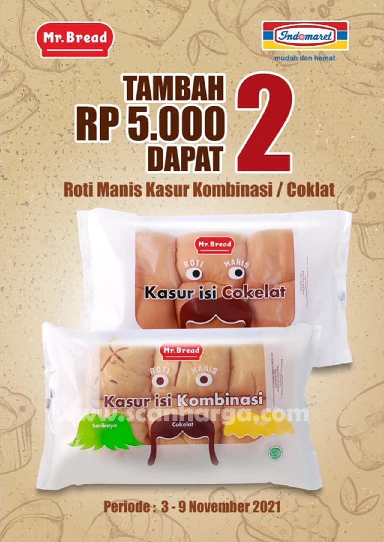 Mr Bread Promo Tambah +Rp5.000 Dapat 2 Roti Manis Kasur Kombinasi /Coklat