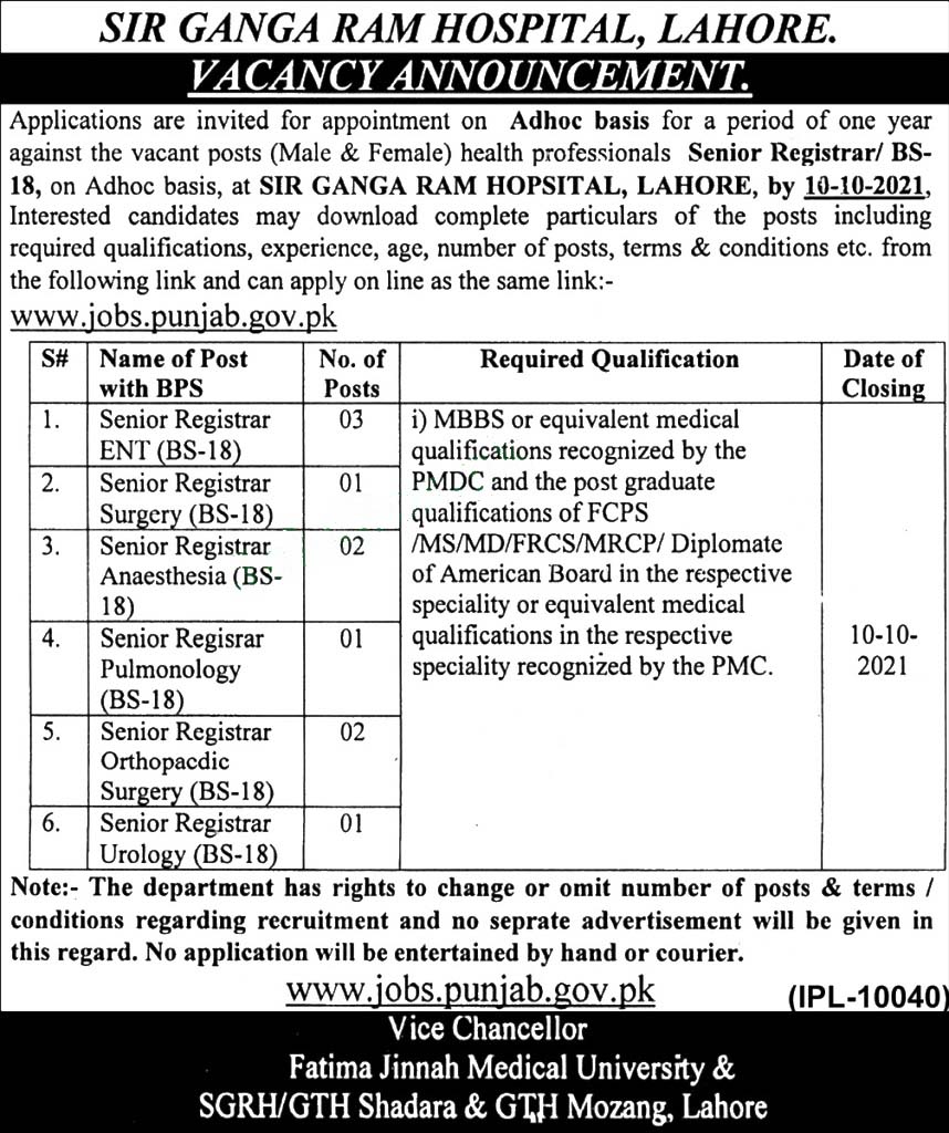 Sir Ganga Ram Hospital Lahore Today Latest Jobs 2021 | Health Department Jobs In Pakistan 2021