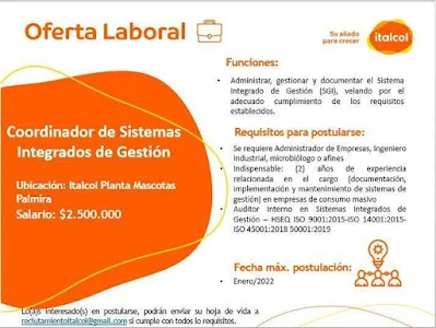 📂 Empleo en Cali HOY como Coordinador de Sistemas Integrados de Gestion 💼 |▷ #Cali #SiHayEmpleo #Empleo