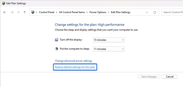 استخدام استعادة الإعدادات الافتراضية لهذه الخطة لحل مشكلة خيار السكون في Windows 11