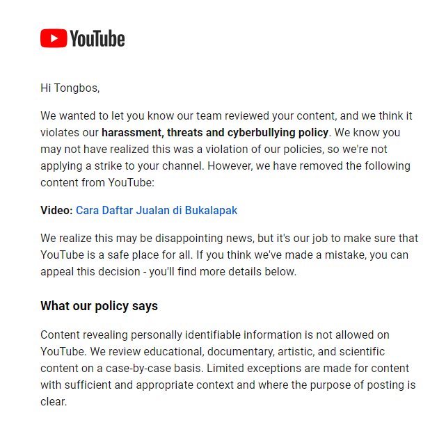 📣 YouTube removed your content email example