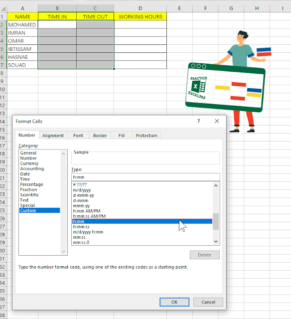 حساب ساعات العمل في برنامج مايكروسوفت Excel