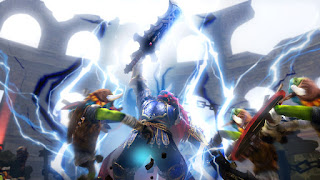 Ganondorf raising one of his sword skyward, so he gets surrounded by lightning blasts