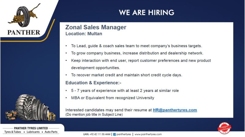 Panther Tyres Limited Jobs Zonal Sales Manager