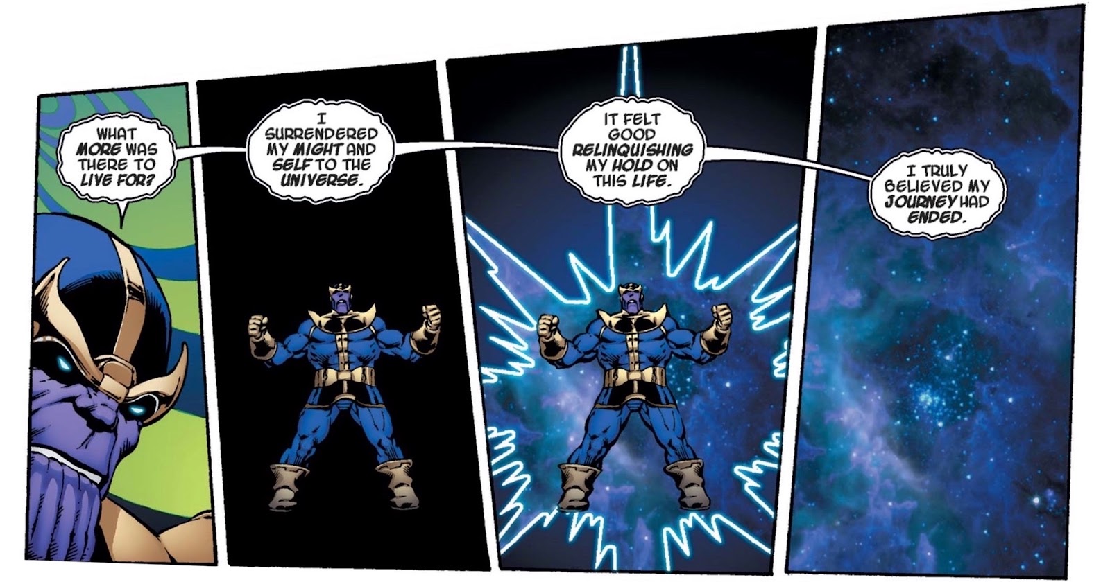4 panels showing Thanos blinking out of existence as he describes having felt contentment than his ‘journey had ended’