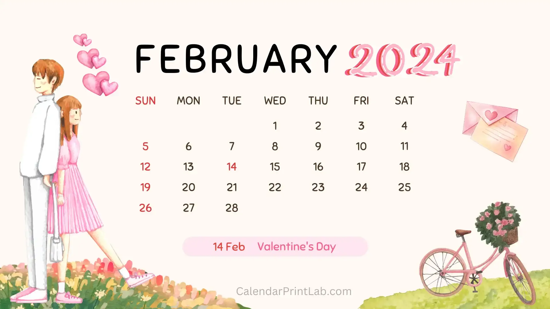 Romantic February 2024 Calendar Wallpaper