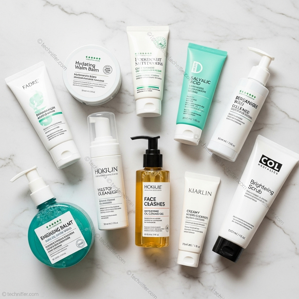 Collection of top-rated face washes for different skin types including Korean skincare and dermatologist-recommended cleansers