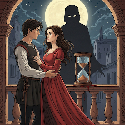 Nesta imagem, tentei capturar a essência do amor entre Romeu e Julieta, enquanto sutilmente incorporava elementos visuais que aludem ao destino trágico predeterminado pelo Prólogo. A figura sombria e a ampulheta quebrada representam a inevitabilidade do destino, que paira sobre o amor dos jovens amantes.