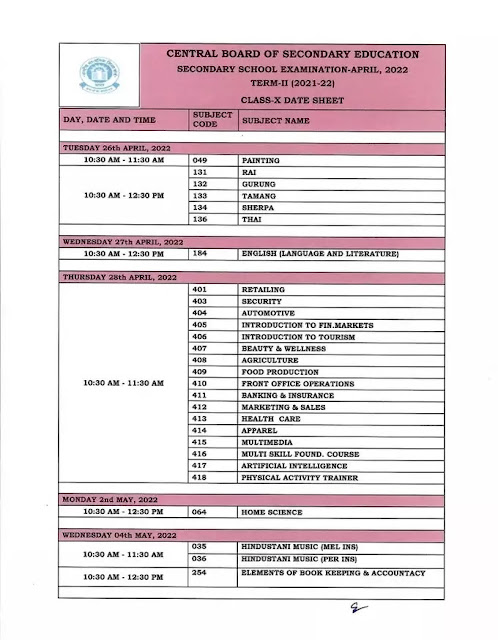 cbse class 10 date sheet 2022