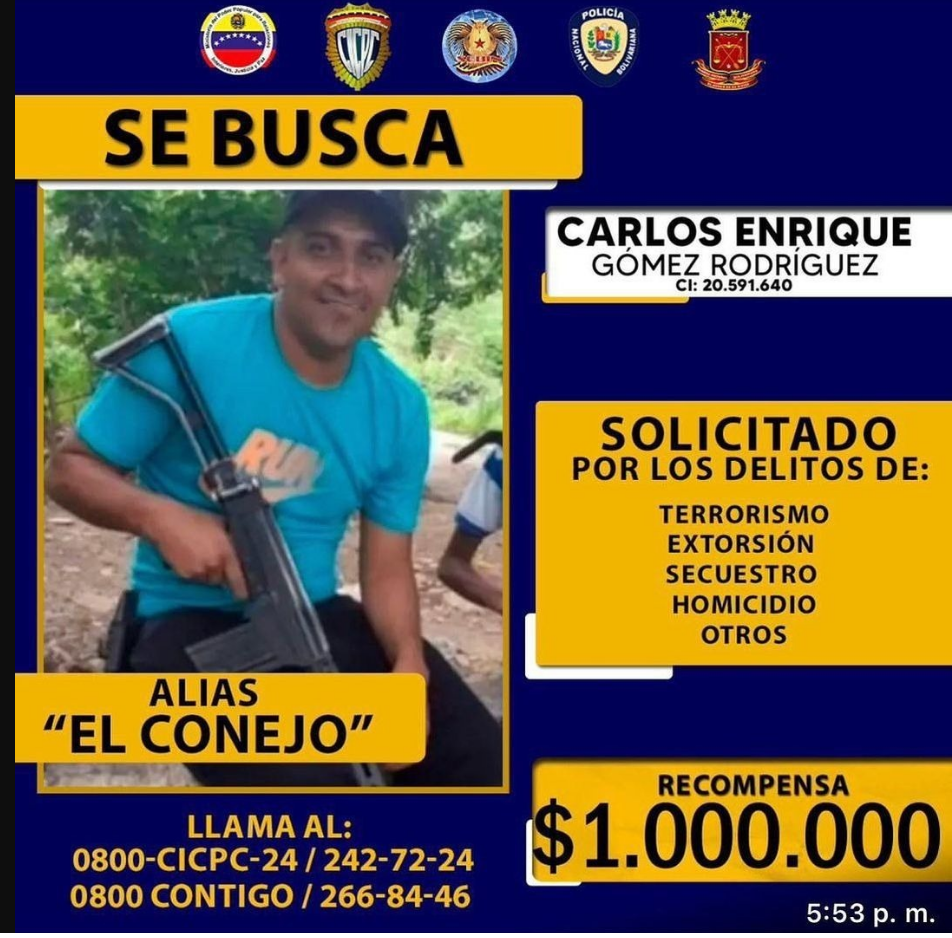 Venezuela: Ofrecen recompensa de 1 millón de dólares por información del paradero de alias "El Conejo"