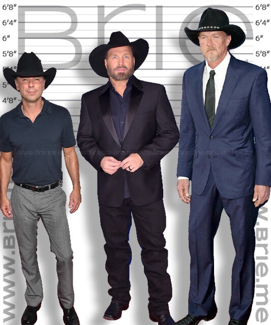 Garth Brooks standing with Kenny Chesney and Trace Adkins in front of a height chart background