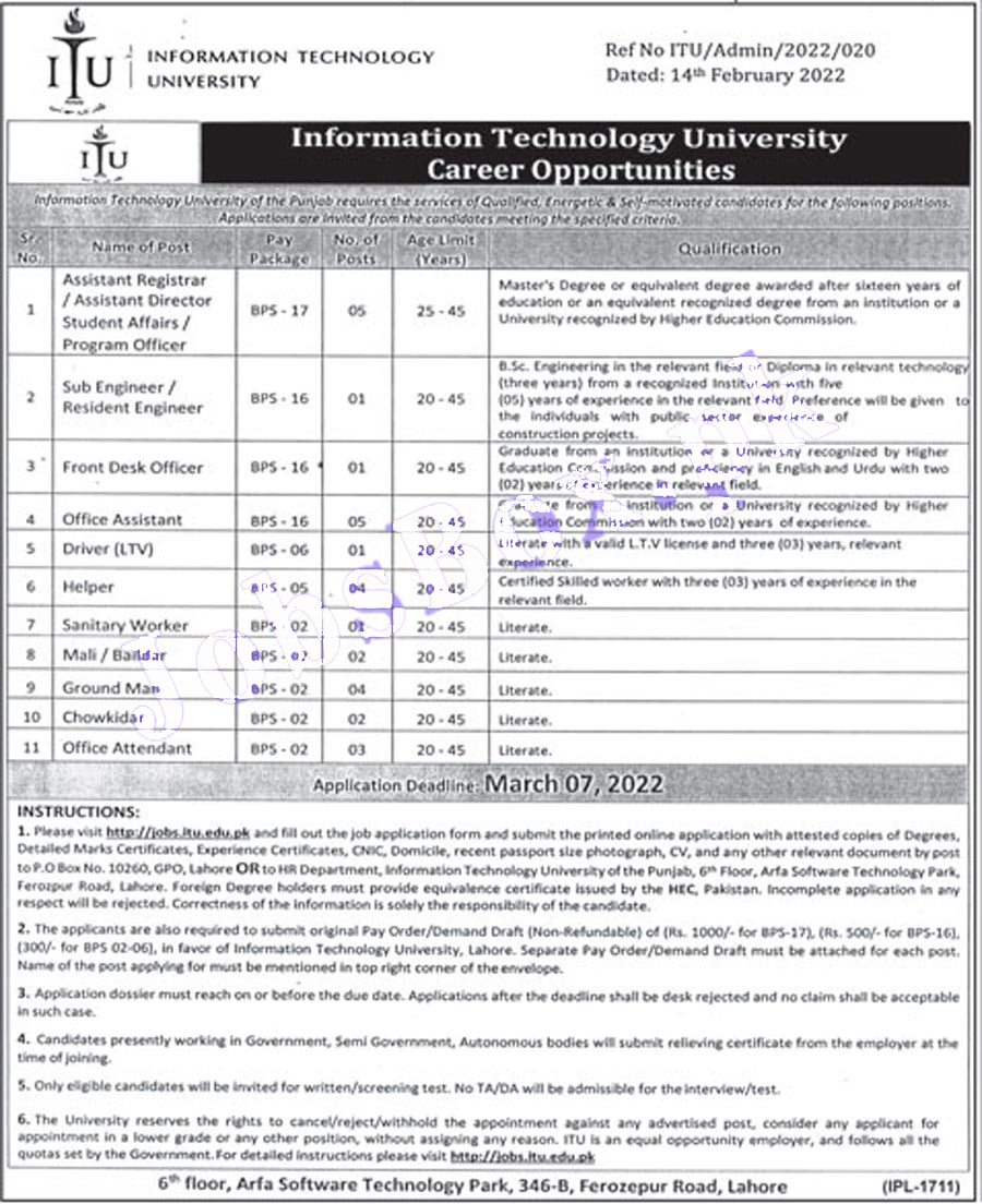 Information Technology University ITU jobs 2022