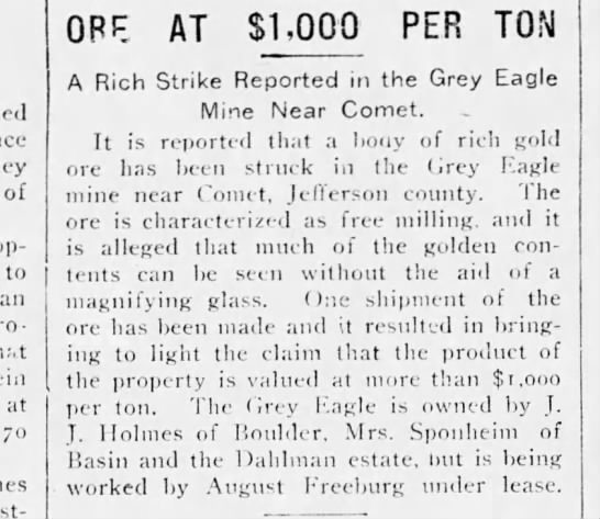 News article about the Comet mines dated 1902 ~