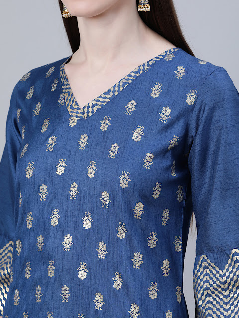 Blue Poly Silk Ethnic Motifs Print Straight Cut Kurti Pant Set