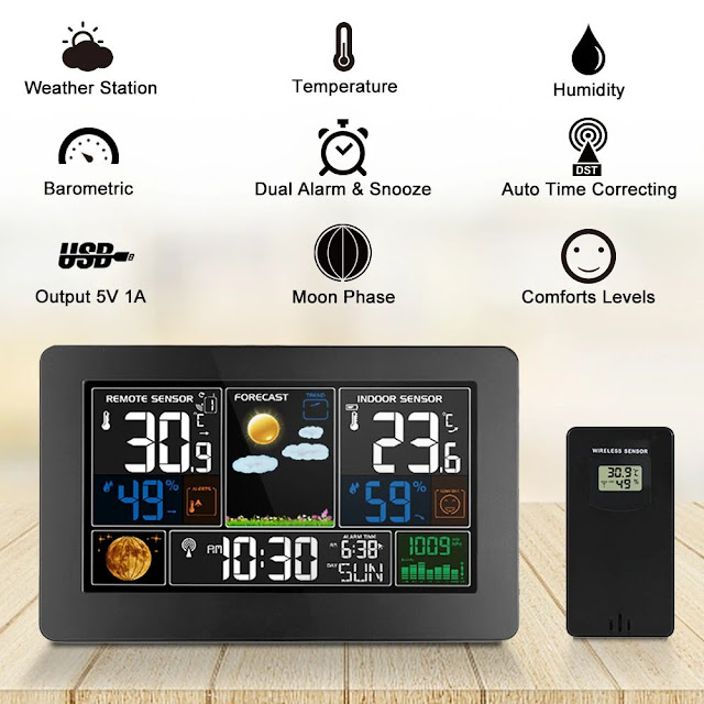 ZX3378B 7.4" Color Screen Wireless Weather Station Digital Alarm Clock Temperature Humidity Meter with 433.92MHz Remote Sensor