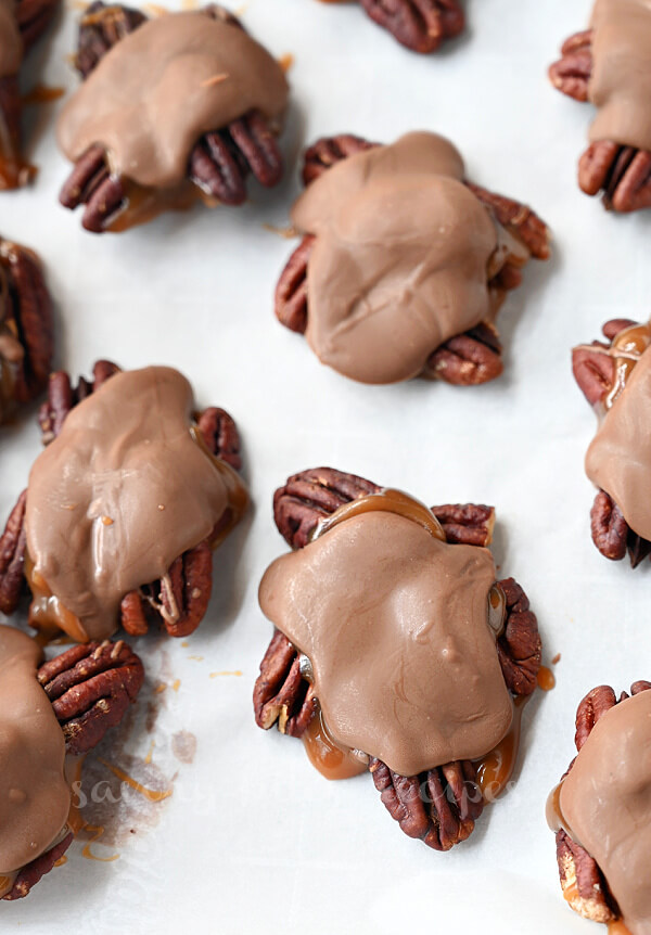 a close up of a pecan chocolate turtle