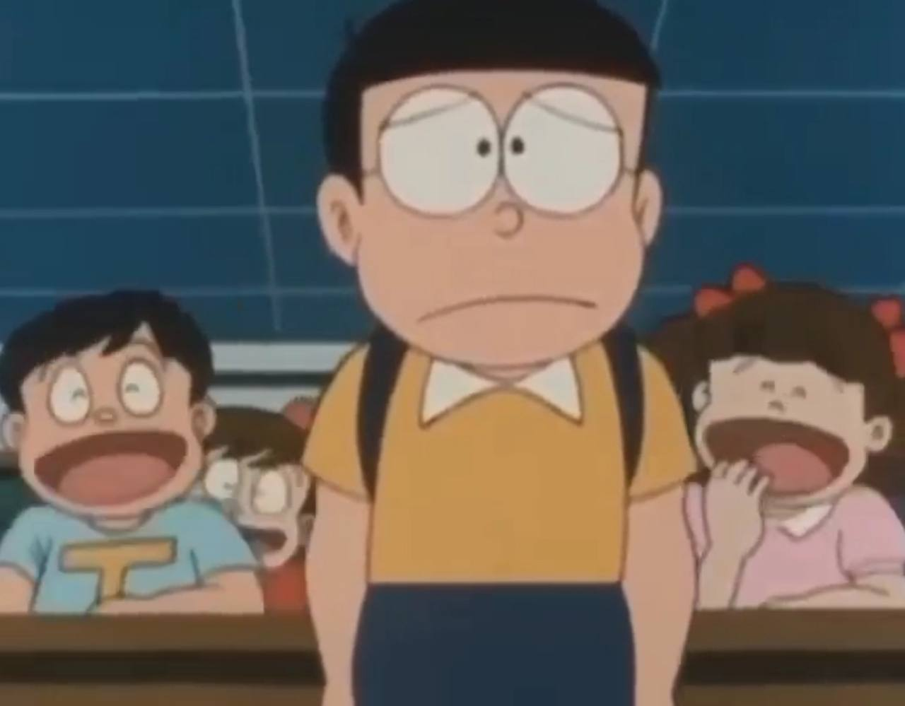 Classmates laughing on Nobita video meme template