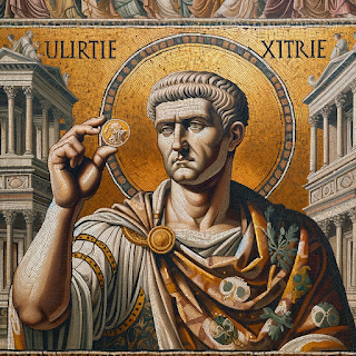 Mosaic of emperor looking at a gold coin