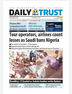 Daily Trust Newspaper Headlines For Thursday, 9th December, 2021