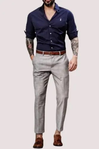 Grey Pants with Dark Blue Shirt