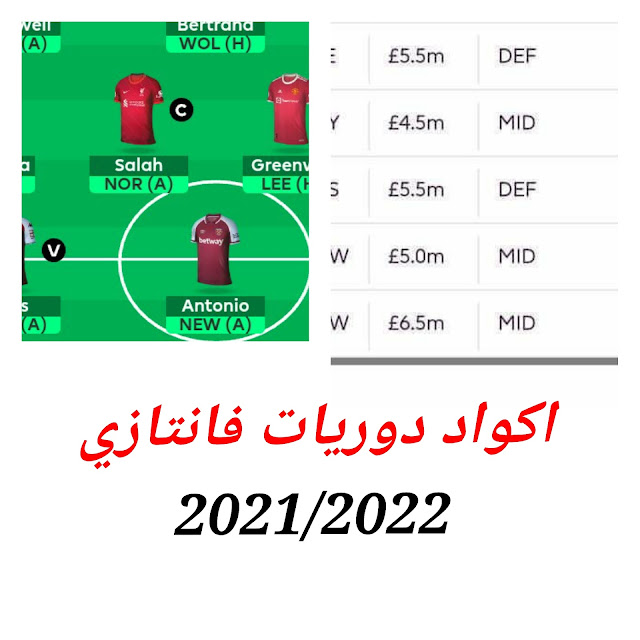  جدول اكواد دوريات خاصة بلعبة فانتازي الدوري الإنجليزي 2021/2022.