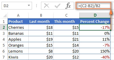 عرض النسبة المئوية في Excel في عمودين