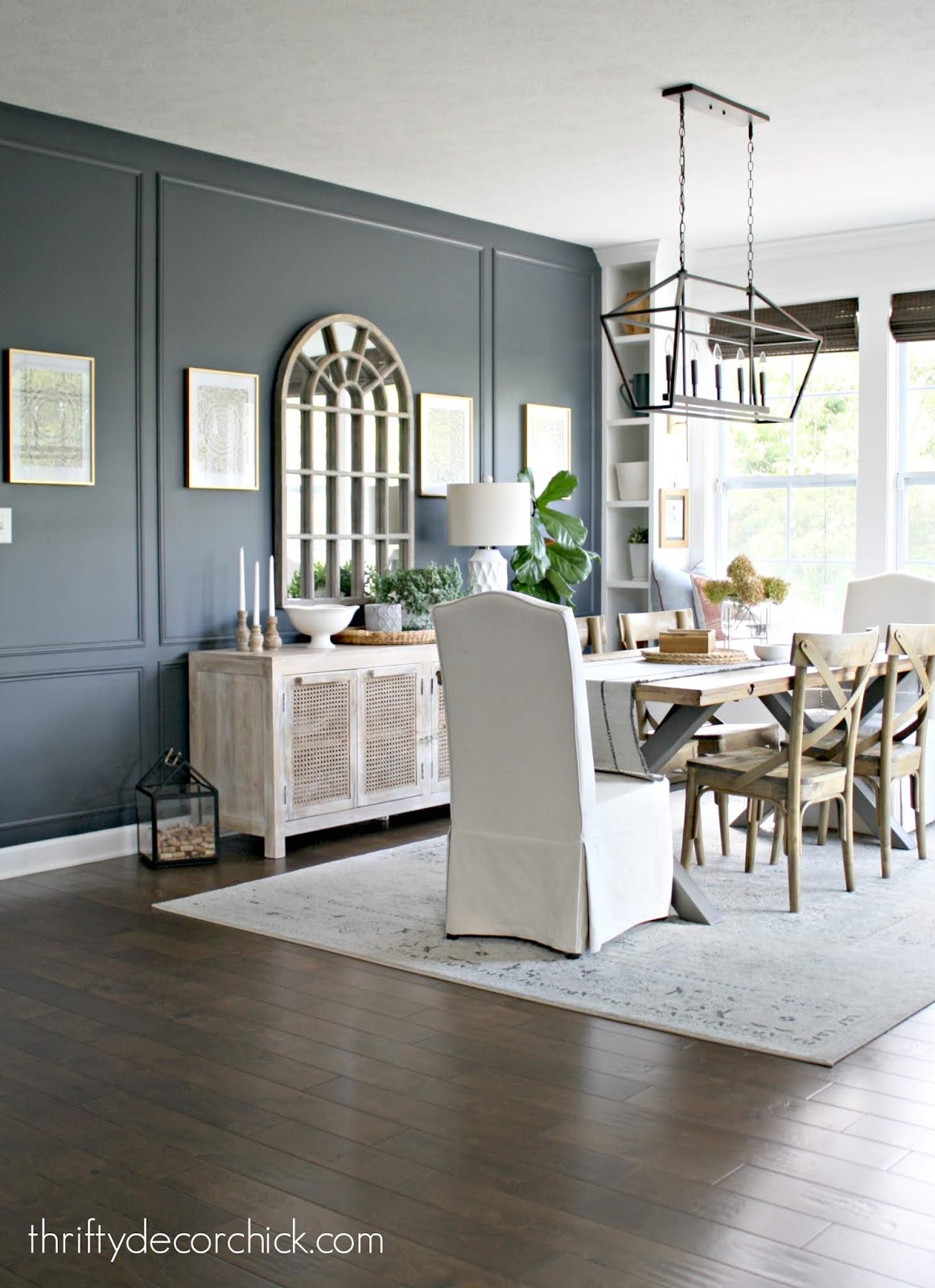 dining room with dark blue walls