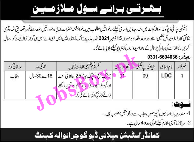 Pak Army Station Supply Depot Gujranwala Jobs 2021 in Pakistan