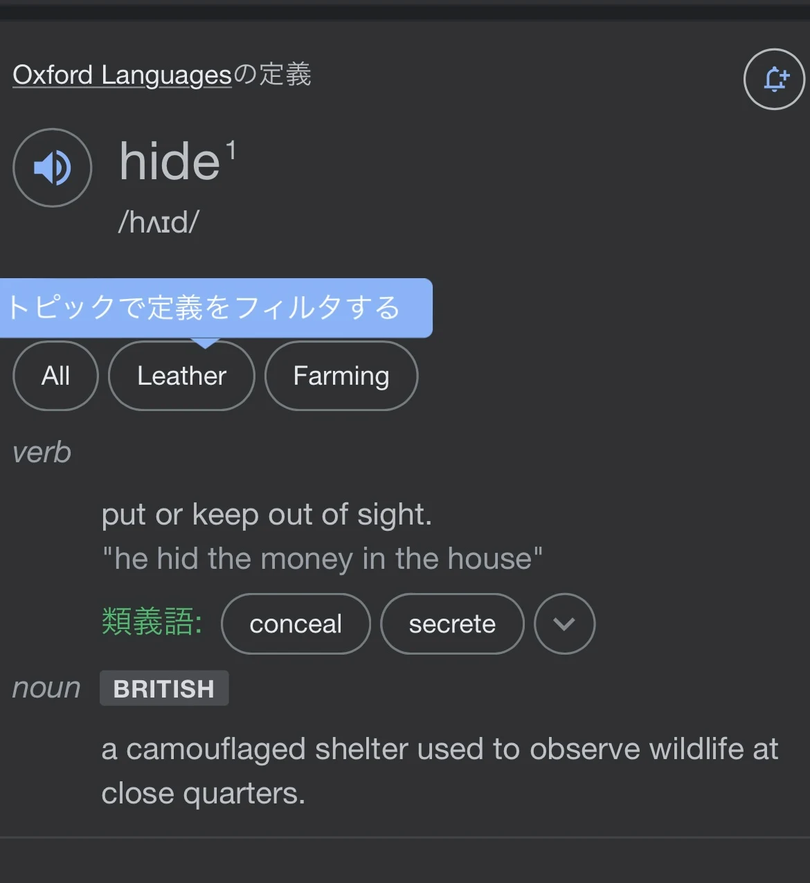 Googleで英単語hideを検索した際に、場面ごとの意味がまとめられていてその中にマイナーな意味であるLeatherの項目もある様子です。