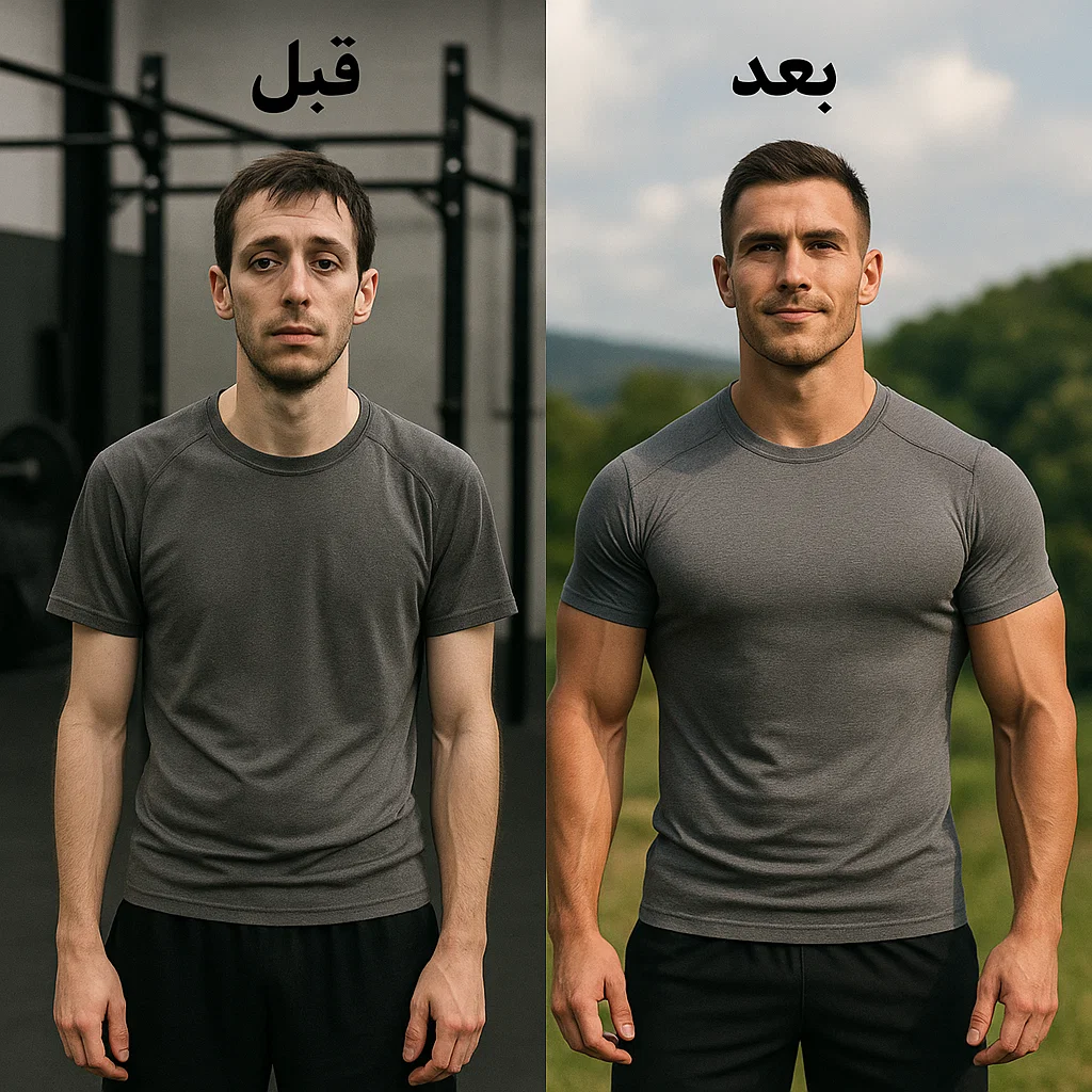 تحول جسم رياضي قبل وبعد التدريب لزيادة هرمون التستوستيرون طبيعيًا