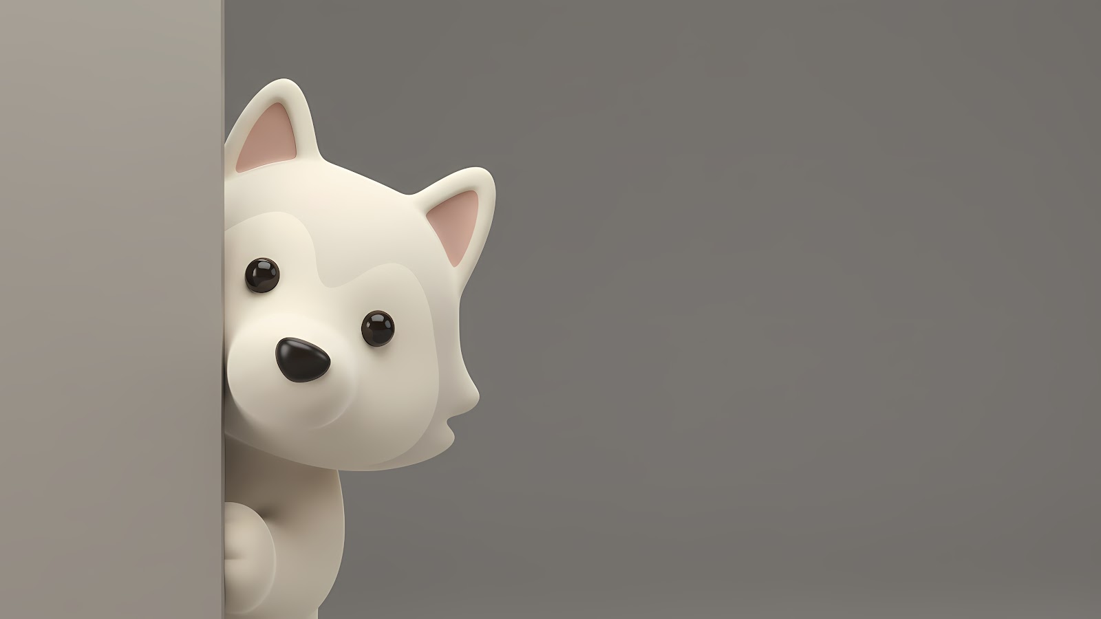 Download 4K cute white puppy peeking around corner wallpaper, featuring a charming white puppy with big eyes peeking from behind a gray wall.