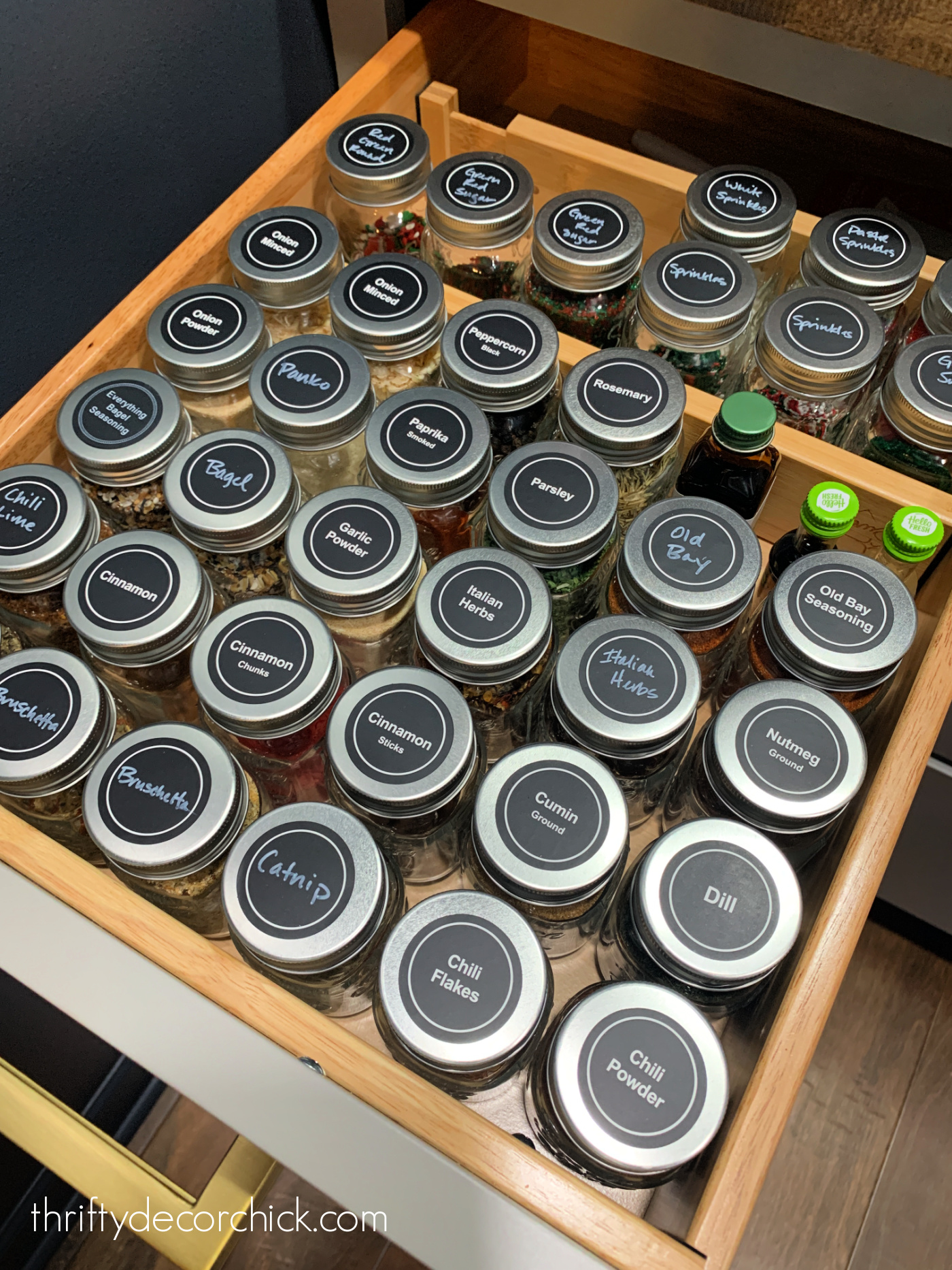 organized spice jar drawer