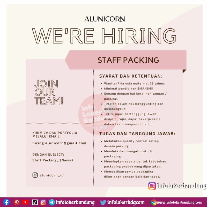 Lowongan Kerja Staff Packing Alunicorn Bandung Desember 2021